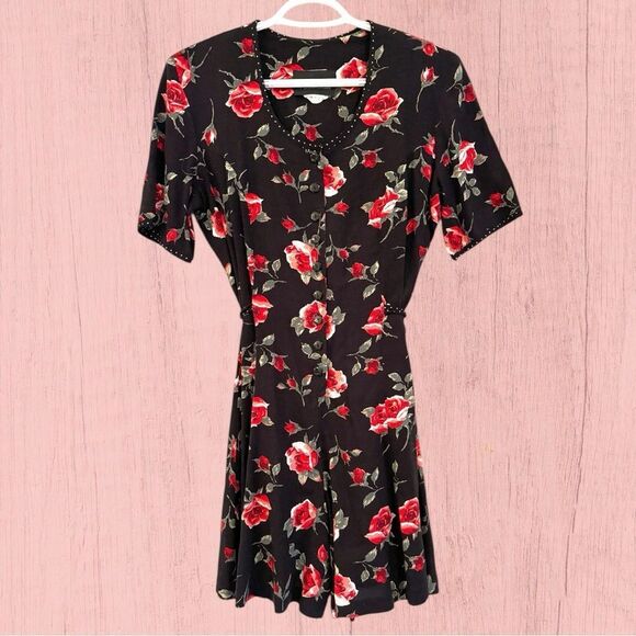 90s vintage black short sleeve romper rose print - Picture 2 of 11